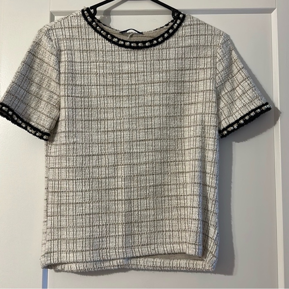 Zara Cream and Black Checkered Blouse